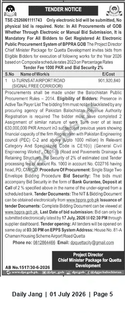 Newspaper clipping: Tender: U-Turns at Airport Road (Signal Free Corridor) — Chief Minister Package for Quetta Development, Jang, 01 Jul 2026