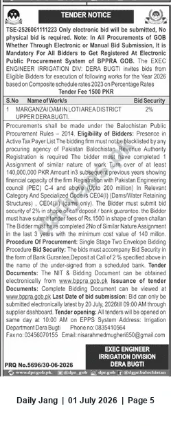 Newspaper clipping: Tender: Marganzai Dam (Upper Dera Bugti) — Electronic Bids Invited (Tender Fee PKR 1,500), Jang, 01 Jul 2026