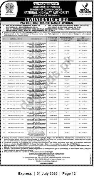 Newspaper clipping: NHA (M-1) Invitation to e-Bids — 25 Routine Maintenance Works on Motorway M-1, Express, 01 Jul 2026