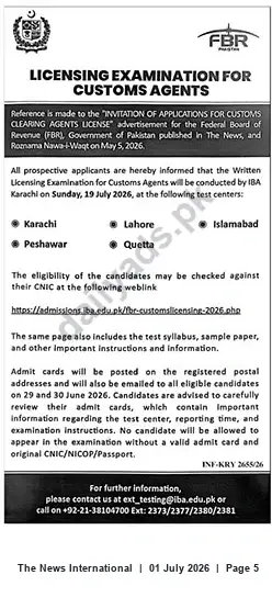 Newspaper clipping: FBR Licensing Examination for Customs Agents — Written Test on 19 July 2026, The News International, 01 Jul 2026