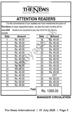 Newspaper clipping: The News — June 2026 Daily Rates and Monthly Bill Notice, The News International, 01 Jul 2026