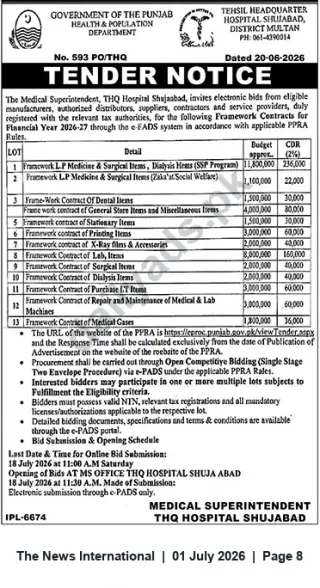 Newspaper clipping: THQ Hospital Shujabad (Multan) Tender Notice – Framework Contracts 2026-27 for Medical, Lab, Surgical & Supply Items, The News International, 01 Jul 2026