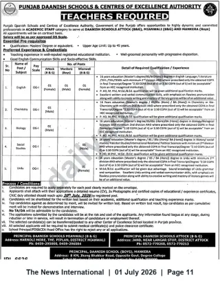 Newspaper clipping: Teachers Required — Punjab Daanish Schools (Attock, Mianwali, Mankera), The News International, 01 Jul 2026