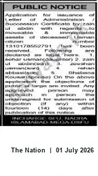 Newspaper clipping: Public Notice: Application for Letter of Administration for Deceased Usman (No. 1310178552791), The Nation, 01 Jul 2026