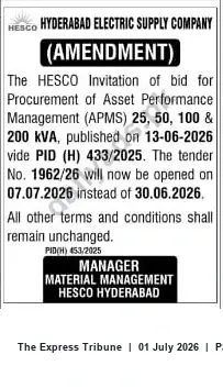 Newspaper clipping: HESCO Tender Amendment — APMS 25/50/100/200 kVA Bid Opening Rescheduled to 07 July 2026, The Express Tribune, 01 Jul 2026