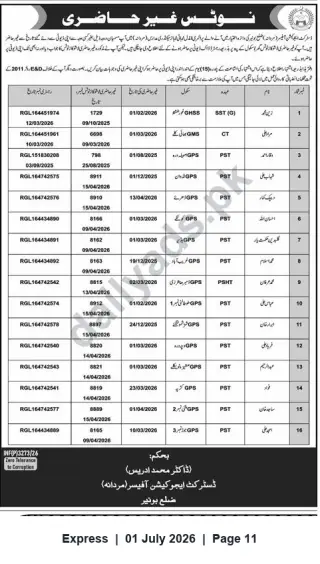 Newspaper clipping: District Buner Education Office — Official List of Teaching-Staff Notices (RGL References), Express, 01 Jul 2026