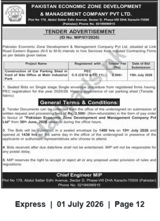 Newspaper clipping: Tender: Car Parking Shed (Tensile Fabric) at Malir Industrial Park — Bid by 15 July 2026, Express, 01 Jul 2026