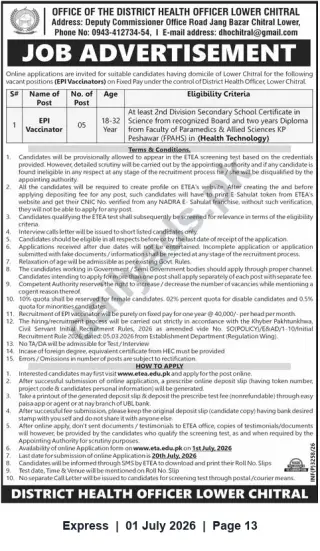 Newspaper clipping: EPI Vaccinators (Fixed Pay) – District Health Officer Lower Chitral, Express, 01 Jul 2026