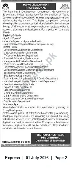 Newspaper clipping: Young Development Professional (YDP) Fellowship — Planning & Development Department, Balochistan, Express, 01 Jul 2026