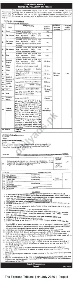 Newspaper clipping: E-Tender: Prequalification for Supply of Food Hampers, Cooked Food and Non-Food Relief Items — Deputy Commissioner Layyah, The Express Tribune, 01 Jul 2026