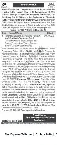 Newspaper clipping: Tender: Integrated Development Project — Parking Plaza and Science College Classrooms, Quetta, The Express Tribune, 01 Jul 2026