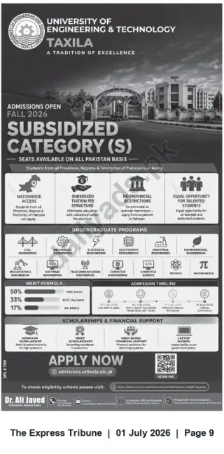 Newspaper clipping: UET Taxila Fall 2026 Admissions — Subsidized Category (All-Pakistan Seats), The Express Tribune, 01 Jul 2026