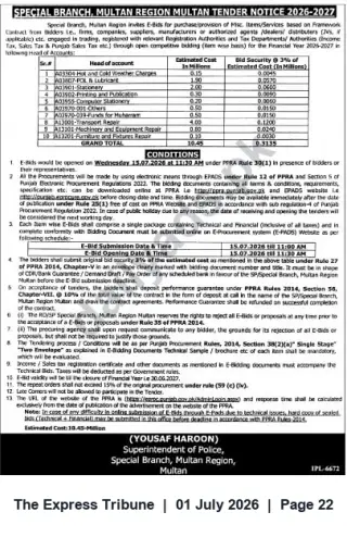 Newspaper clipping: Special Branch Multan Region Tender Notice 2026-27 — Procurement Packages (Estimated Cost Rs.10.45M), The Express Tribune, 01 Jul 2026