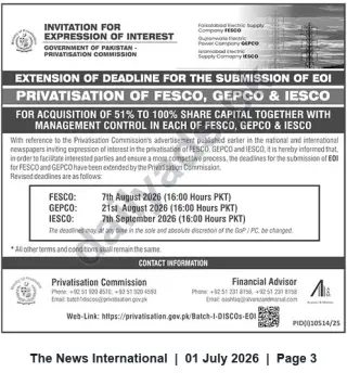 Newspaper clipping: Privatisation Commission Extends EOI Deadlines for FESCO, GEPCO & IESCO (51%–100% Sale), The News International, 01 Jul 2026
