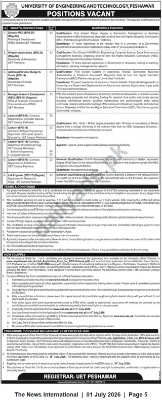 Newspaper clipping: UET Peshawar — Multiple Faculty & Administrative Vacancies (BPS-17 to BPS-20) — Apply by 2026-07-16, The News International, 01 Jul 2026