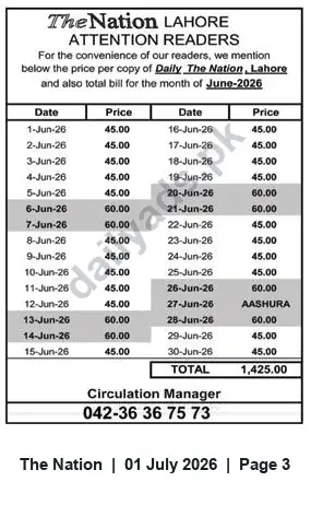 Newspaper clipping: The Nation Lahore — June 2026 Per-Copy Prices and Monthly Billing, The Nation, 01 Jul 2026
