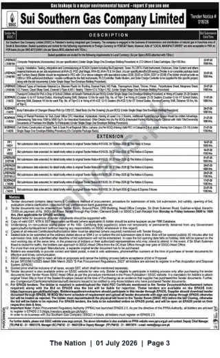 Newspaper clipping: Sui Southern Gas Company Limited — Tender Notice #018/26 (Multiple Packages), The Nation, 01 Jul 2026