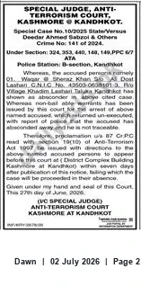 Newspaper clipping: Proclamation for Absconder in ATC Kashmore at Kandhkot — Special Case No.10/2025, Dawn, 02 Jul 2026