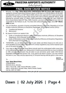 Newspaper clipping: Pakistan Airports Authority Final Show-Cause Notice for Absence, Dawn, 02 Jul 2026