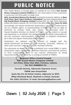 Newspaper clipping: Pak Suzuki Public Notice: Suzuki Burj Motors (Faisalabad) Disassociated — Effective 29 June 2026, Dawn, 02 Jul 2026