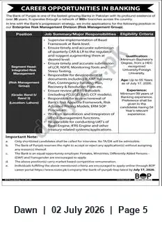 Newspaper clipping: Career Opportunities in Banking — Regulatory Reporting & Risk Model Roles, Dawn, 02 Jul 2026