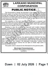 Newspaper clipping: Larkano Municipal Corporation Public Notice, Dawn, 02 Jul 2026