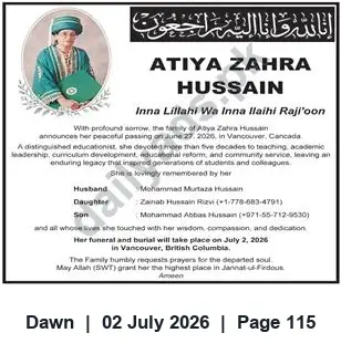 Newspaper clipping: Obituary: Atiya Zahra Hussain — Funeral July 2, 2026 in Vancouver, Dawn, 02 Jul 2026