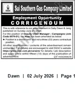 Newspaper clipping: Sui Southern Gas Company Limited — Employment Opportunity Corrigendum, Dawn, 02 Jul 2026