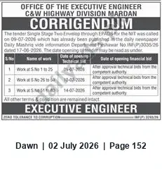 Newspaper clipping: Corrigendum: Revised Tender Opening Dates — C&W Highway Division Mardan, Dawn, 02 Jul 2026