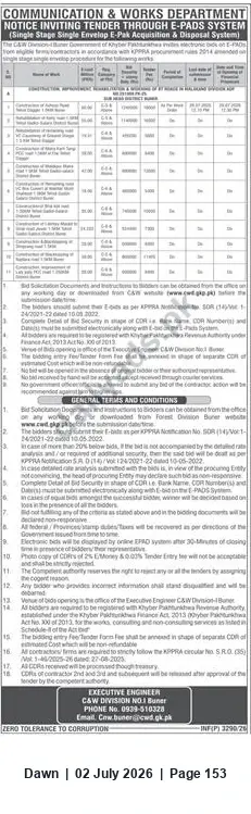 Newspaper clipping: C&W Division No.1 Buner — Notice Inviting Tenders via KP e-Procurement (E-PADS), Dawn, 02 Jul 2026