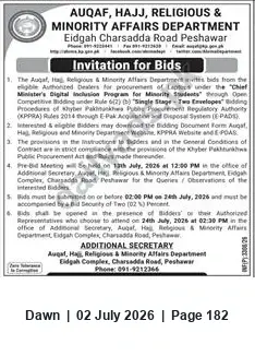 Newspaper clipping: Auqaf, Hajj & Religious Affairs Department Peshawar Invites Bids for Laptops (Digital Inclusion Program), Dawn, 02 Jul 2026