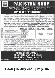 Newspaper clipping: Pakistan Navy Open Tender for Supply of Dressed Mutton & Beef for PN Units (Karachi & Islamabad), Dawn, 02 Jul 2026