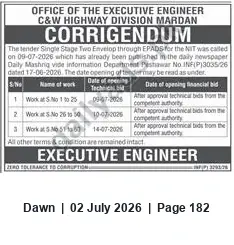 Newspaper clipping: Corrigendum: C&W Highway Division Mardan — Tender Opening Dates for Multiple Works (July 2026), Dawn, 02 Jul 2026