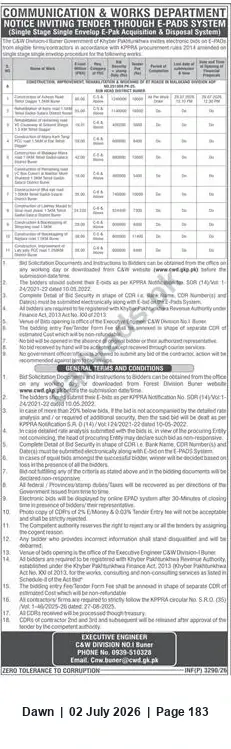 Newspaper clipping: C&W Division No.1 Buner (Khyber Pakhtunkhwa) — e-PADS Tender Notice for Multiple Civil Works, Dawn, 02 Jul 2026