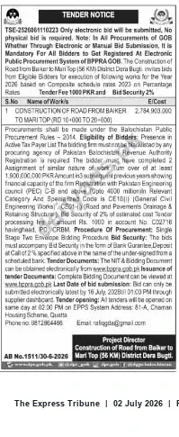Newspaper clipping: Tender: Construction of Road from Baker to Mari Top (RD 10-000 to 20-000) — Dera Bugti, The Express Tribune, 02 Jul 2026