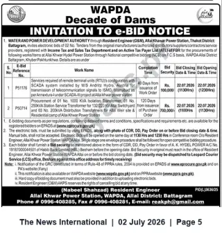 Newspaper clipping: WAPDA Allai Khawar Power Station e-Bid Notice – RTU/SCADA Services & Transformers (Closing 22 July 2026), The News International, 02 Jul 2026
