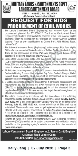 Newspaper clipping: Lahore Cantonment Board Tender: Rubber Cushion Synthetic Jogging Track at Canna Park, Lahore Cantt, Jang, 02 Jul 2026