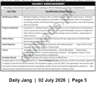 Newspaper clipping: Jobs in Balochistan: HR & Finance Officer, Project Coordinator, Admin, Trainer and Support Staff, Jang, 02 Jul 2026