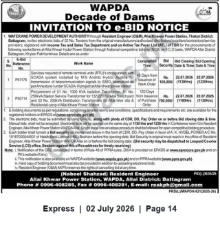 Newspaper clipping: WAPDA Allai Khawar Power Station — Invitation to Bid for RTU/SCADA Services and Transformer Procurement, Express, 02 Jul 2026