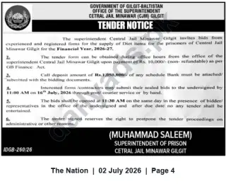 Newspaper clipping: Tender: Supply of Diet Items for Central Jail Minawar Gilgit (FY 2026-27), The Nation, 02 Jul 2026