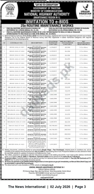 Newspaper clipping: NHA Invitation to e-Bids for 25 Routine Maintenance Works on Motorway M-1 & Hazara M-15, The News International, 02 Jul 2026