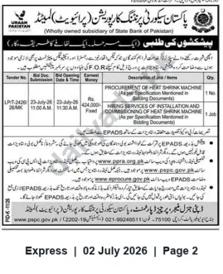 Newspaper clipping: PSPC Tender LP/T-2426-26/MK — Procurement and Installation of Heat Shrink Machine, Express, 02 Jul 2026