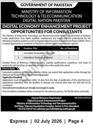 Newspaper clipping: Consultant Vacancies — Digital Economy Enhancement Project (MoITT), Islamabad, Express, 02 Jul 2026