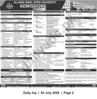Newspaper clipping: Allama Iqbal Open University Admissions – Autumn 2026 (Matric to PhD), Daily Aaj, 02 Jul 2026