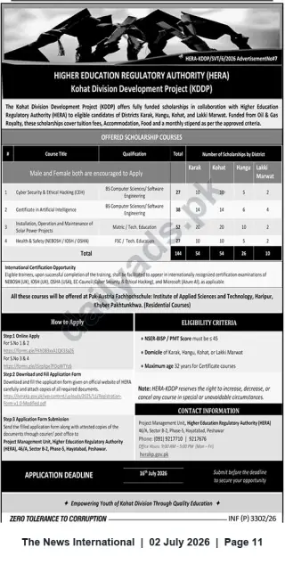 Newspaper clipping: HERA Kohat Division (KDPP) Fully-Funded Scholarships 2026 — Cybersecurity, AI, Solar Power & Health & Safety, The News International, 02 Jul 2026