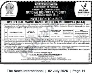 Newspaper clipping: NHA Invitation to e-Bids — Special Maintenance Work on Motorway M-14 (KM 54+62), The News International, 02 Jul 2026