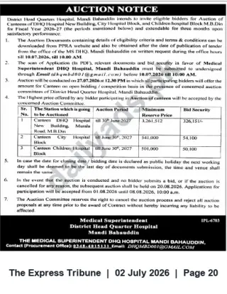 Newspaper clipping: Auction Notice – Canteens of DHQ, City & Children Hospitals, Mandi Bahauddin (FY 2026-27), The Express Tribune, 02 Jul 2026