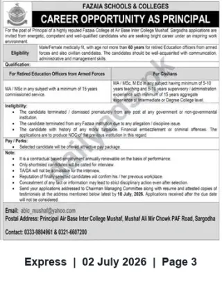 Newspaper clipping: Principal Vacancy at Fazaia College — Air Base Inter College Mushaf, Sargodha, Express, 02 Jul 2026