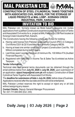 Newspaper clipping: Tender: Construction of Steel Cylindrical Tanks & Associated Civil Works — MAL Pakistan Ltd., Korangi Creek, Karachi, Jang, 03 Jul 2026