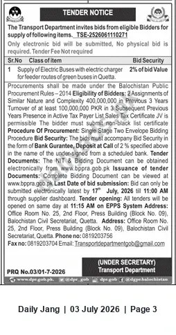 Newspaper clipping: Tender: Supply of Electric Buses with Chargers for Quetta Feeder Routes — Transport Department, Balochistan, Jang, 03 Jul 2026